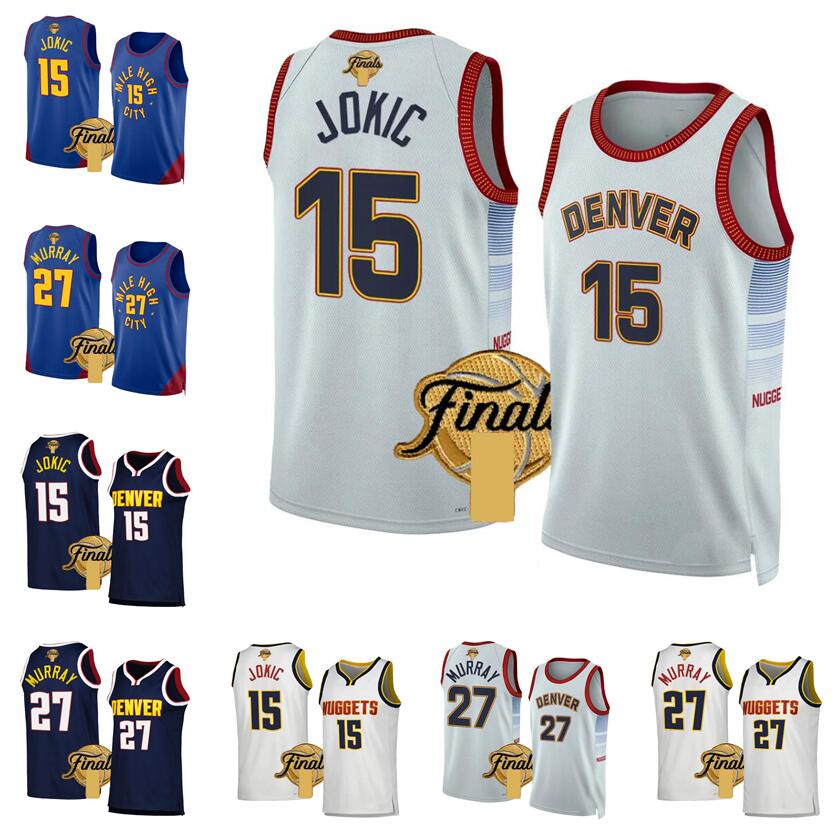 

Denvers Nuggetss Finals jersey 15 Jokic 27 Murray 1 Porter Jr 50 Gordon 5 Caldwell-Pope 11 Brown S-XXL 2023 finals white blue Men Women kids city Basketball Jerseys, With logo