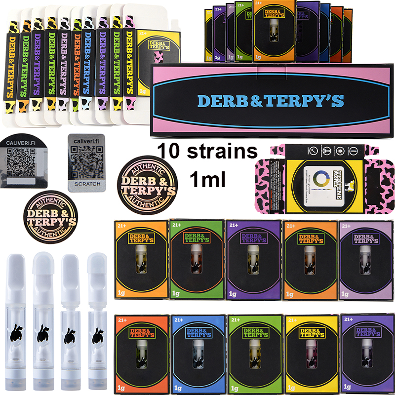 

Derb and Terpys Empty 1.0ml Atomizers Vapes Cartridges Packaging Empty Full Ceramic Thick Oil Glass Carts Vaporizer 510 Thread 10 Strains