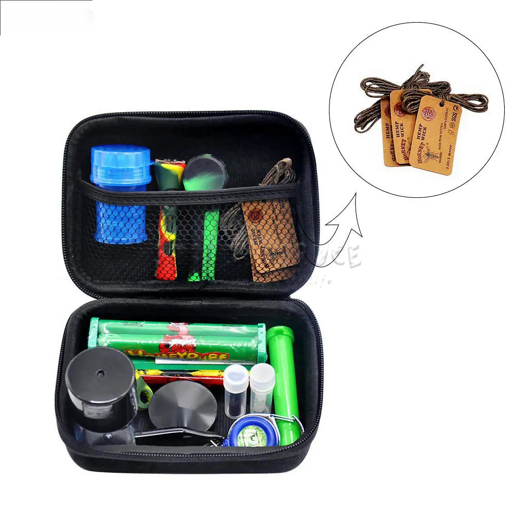 

Smoke Kit Plastic Smoking Herb Grinder Storage Jar Metal Tin Silicone Smoking Pipe One Hitter Dugout Rolling Machine Premium Tobacco Bag Set
