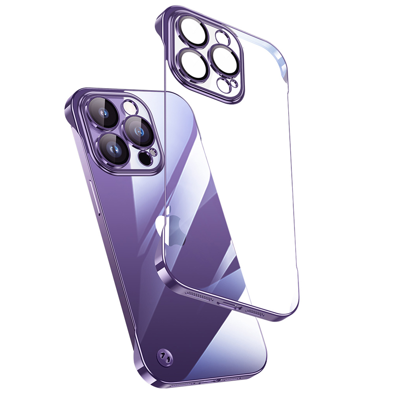 

High Clear Frameless Borderless Logo Hole With Camera Lens Film Protector Plating Cases Ultra Thin Hard Anti-Yellow Cover For iPhone 14 13 12 11 Pro Max iPhone14, Transparent