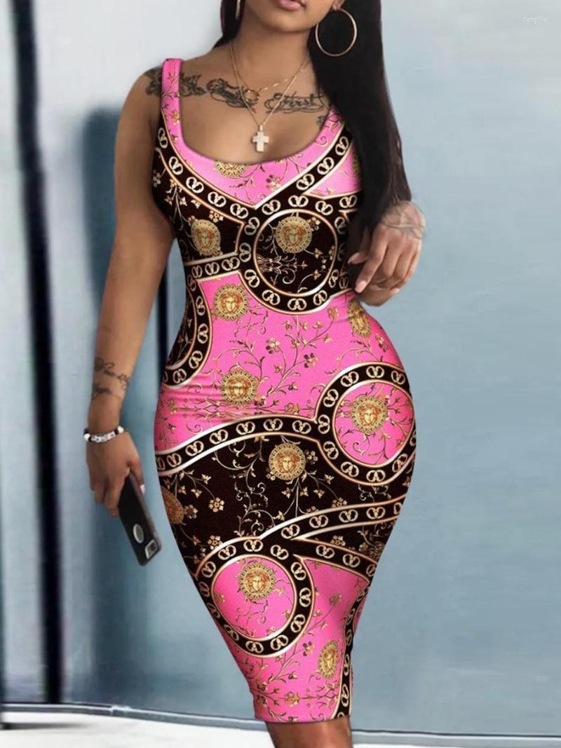 

Plus Size Dresses LW Baroque Print Bodycon Dress Summer Sexy Tank Maxi Elegant Ladies Birthday Party Club Sundress, Pink