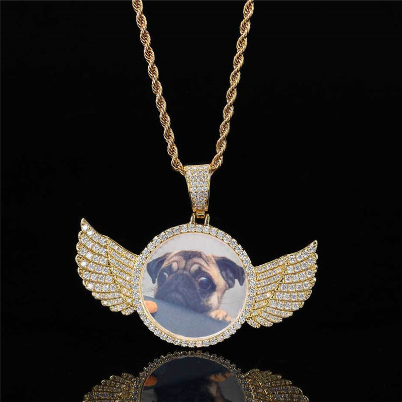 

Hiphop Angel Wing DIY Photo Frame Mens Gold Necklace Designer Jewelry AAA Cubic Zirconia Copper Pendant Silver Chain Twist Rope Dimond Necklaces for Men Gift