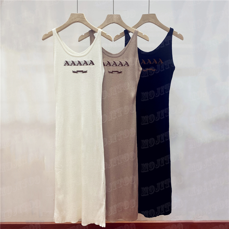 

Women Knits Vest Long Dresses Jacquard Letter Slim Tight Skirts Design Fashion Lady Sexy Sling Dress, Khaki