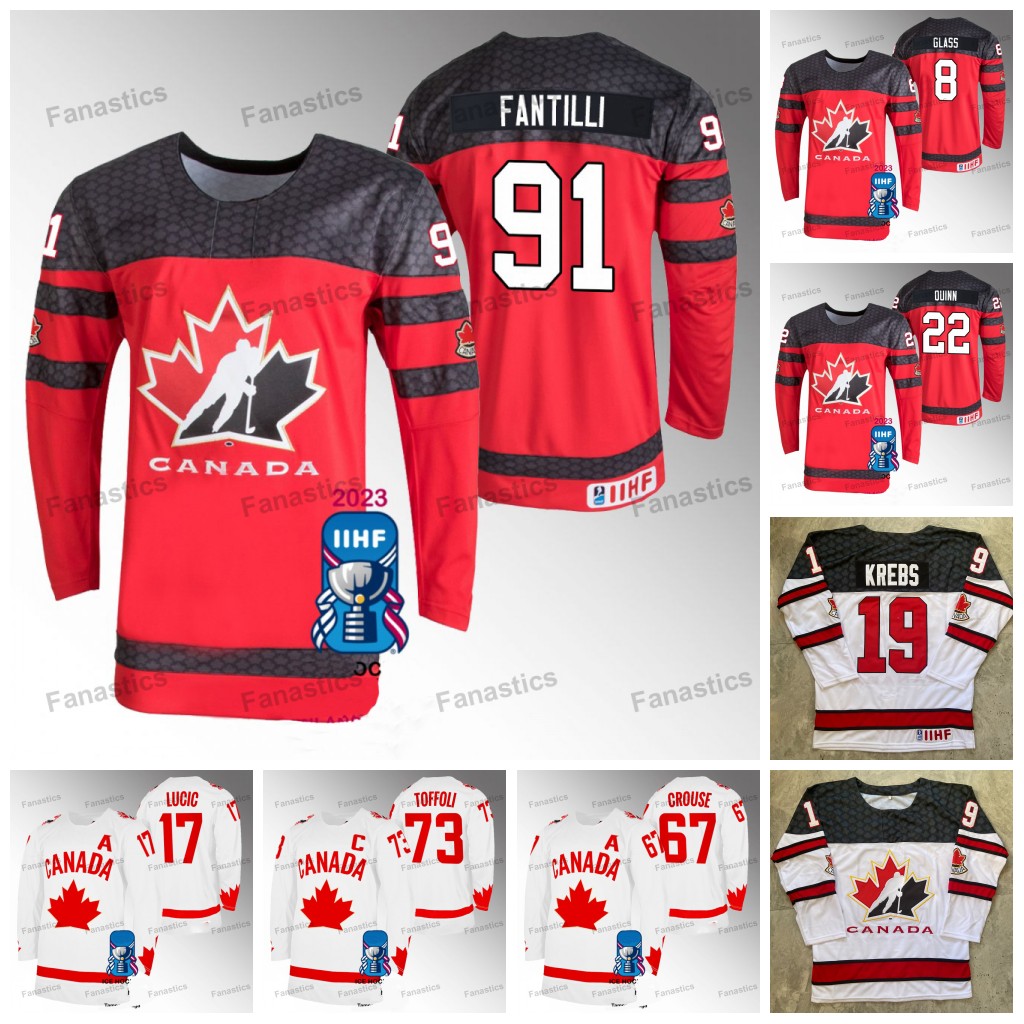 

98 Connor Bedard Canada 2023 IIHF Worlds One Leaf Jersey White Milan Lucic Scott Laughton Ethan Del Mastro MacKenzie Weegar Lawson Crouse Tyler Toffoli Cody Glass, Red away womens s-2xl