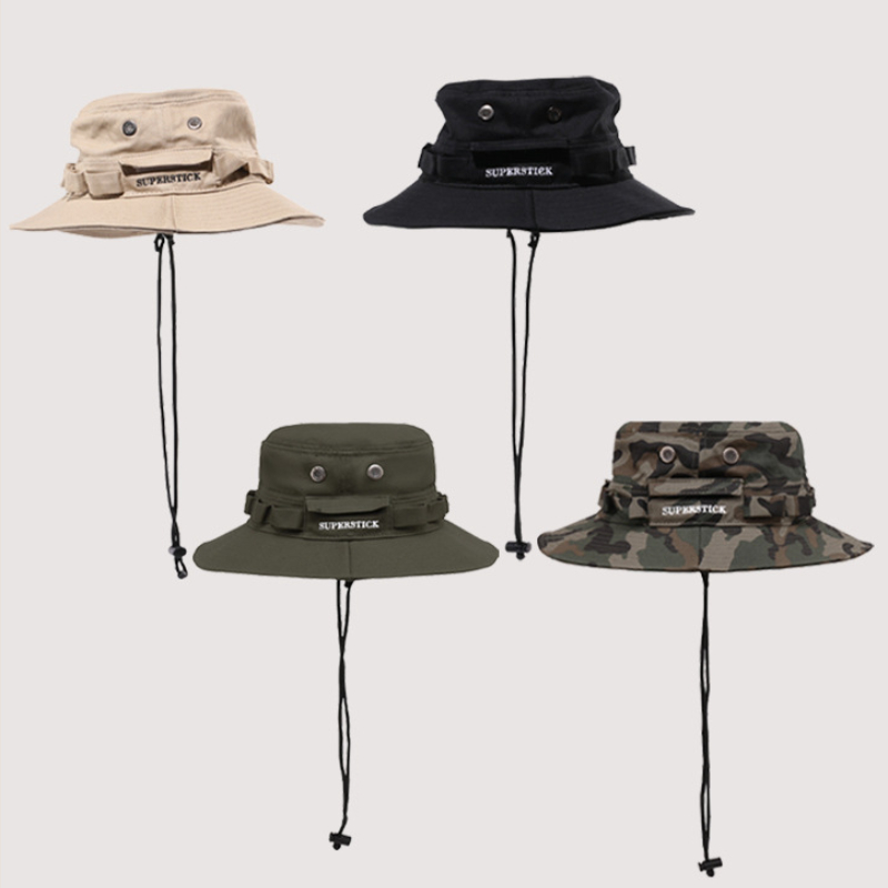 West Cowboy Bucket Hats Unisex Solid-color Drawstring Sunshade Wide Brim Hat-image-876304976