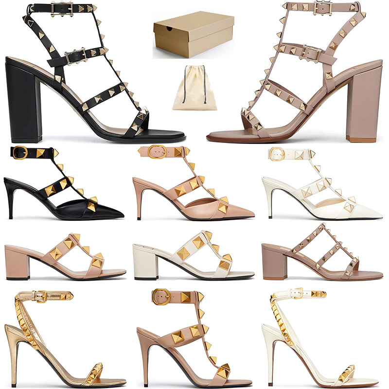 

With Box Designer VT Sandal With Box Women Designers high sexy Stiletto heel Dress Shoes Ankle Strap Roman Stud sandal Rivets black stile size36-42