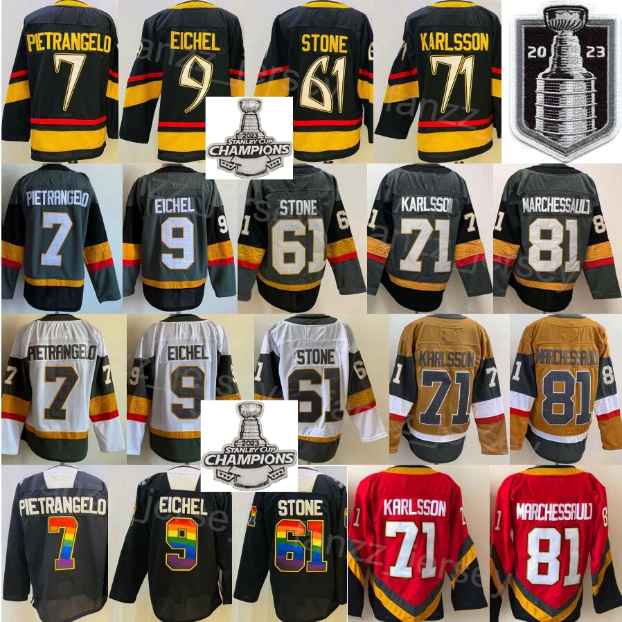 

2023 Stanley Cup Champions Hockey 9 Jack Eichel Jersey 61 Mark Stone 71 William Karlsson 81 Jonathan Marchessault 7 Alex Pietrangelo Reverse Retro Stitched Navy Red, Brown