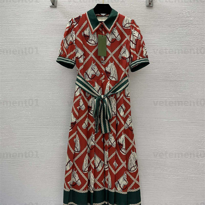 

Fashion Designer Dresses For Women Horse Head Pattern Diamond Lattice Print Half Button Placket Lapel Bubble Sleeve Waist Slimming Dress Designers Clothing, 13