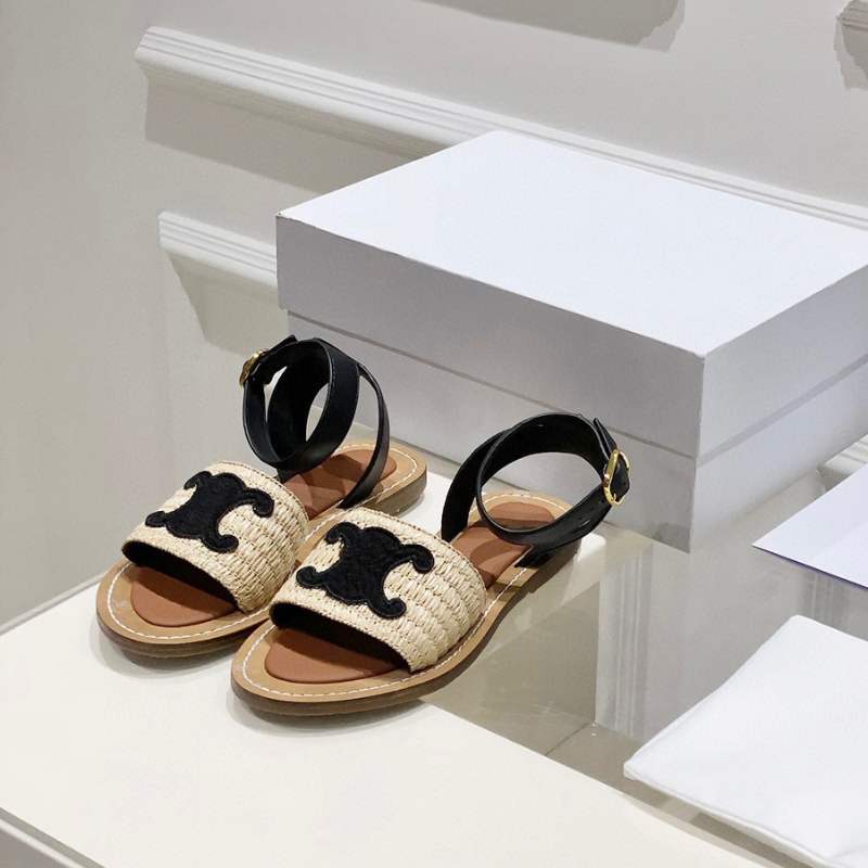 

Top quality Lympia flat slides Raffia sandals Triomphe embellished Ankle strap open toe luxury designer for women holiday flats gladiator sandal factory footwear, Brown 1