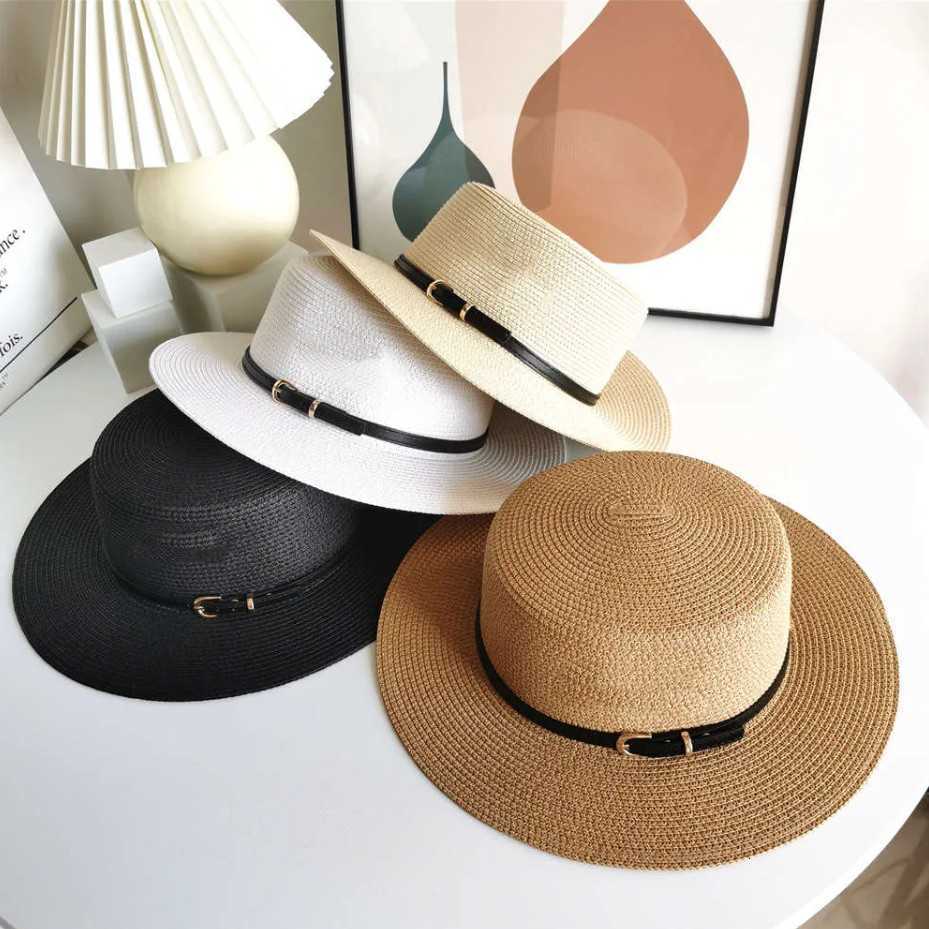 

2023 INS Summer Women Straw Hat Fashion Sun Protection Beach Personality Wide Brim Hats with Ribbon, Beige