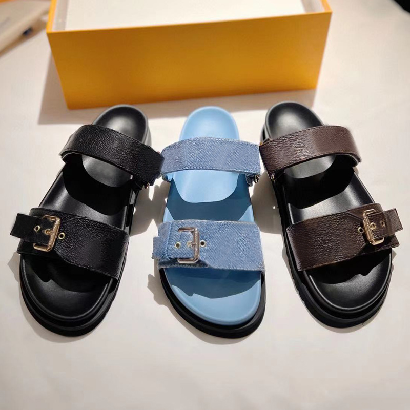 

Summer Beach Slipper woman Cartoon Big Head slippers Classic Leather Flat Belt buckle sandals Hotel Bath platform men Slides Designer women shoes size 35-45 With box, Golden[single metal buckle]