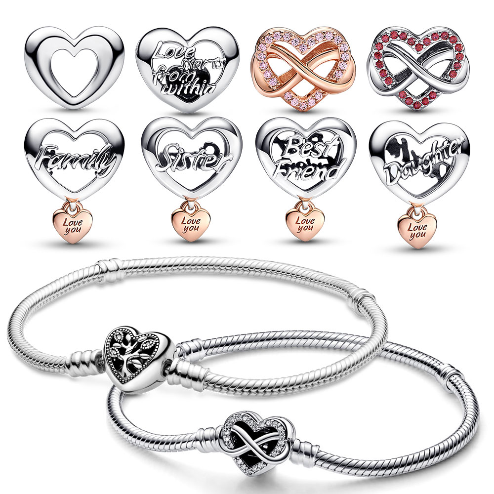 

925 Sterling Silver 2023 Mothers Day Gifts Family Infinity Red Pink Heart Charm for Original Moment PANDORA Bracelet Snake Chain Fine Jewellery