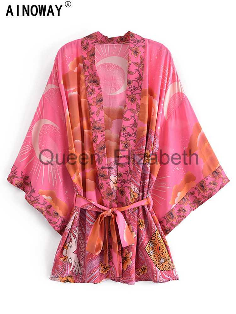 

Casual Dresses Star and Moon Floral Print Sashes Bohemian Kimono Women V Neck Batwing Sleeves Happie Short Robe Dress Boho Cover-ups J230614, Pink