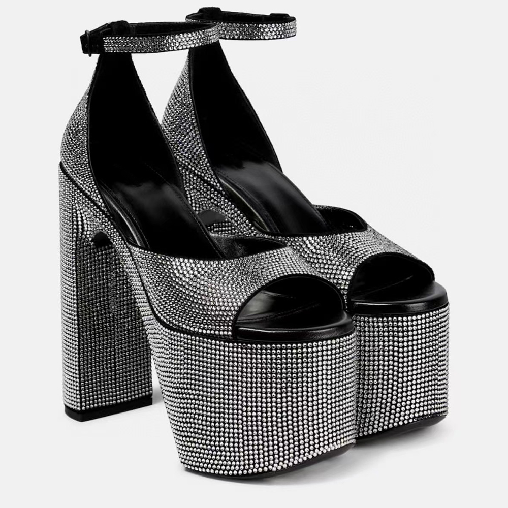 

Rhinestone Sandals Womens Dress Shoes Camden 13cm Crystal embellished high heels women summer luxury designers Platform Chunky Heel Ankle Strap Banquet shoes, Fuchsia
