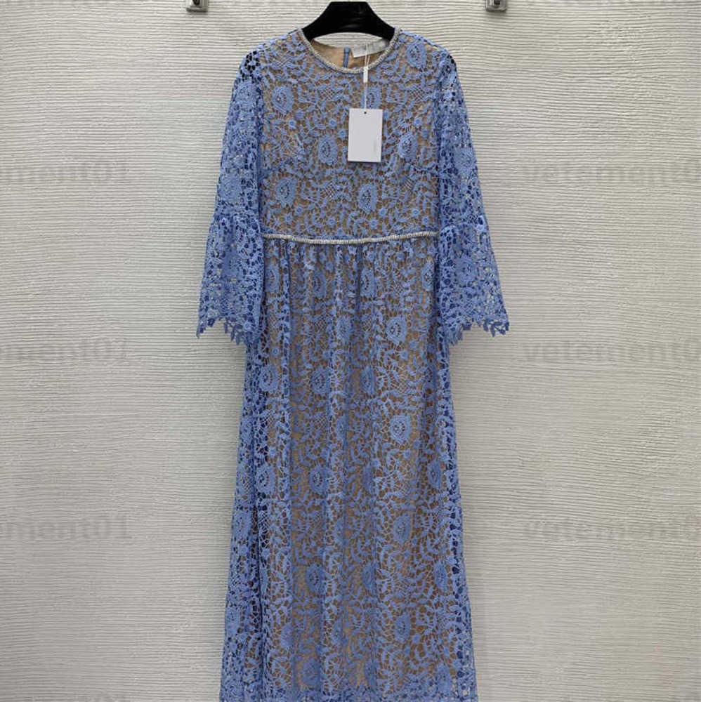 

Summer Dresses For Woman Elegant Lace Water-soluble Flower Hollow Fabric Luxury Diamond Edge Decoration Waist-skimming Round Neck Longs Sleeve Dress Long Dress 0607