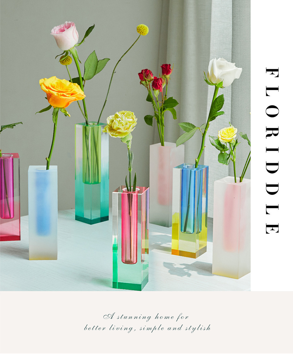 

Vases Creative Nordic Acrylic Color Vase Square Column Glass Bubble Flower Can Be Inserted Dried Flowers Can Be Hydroponic Gift Vase 230602