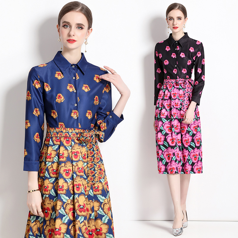 

2023 Women' Floral Print Button Front Shirtdress Luxury Designer Elegant Lapel Ribbon Bow Belted Long Sleeve Midi Dresses Sweet Cute Robes Ballgown OL New in Dresses
