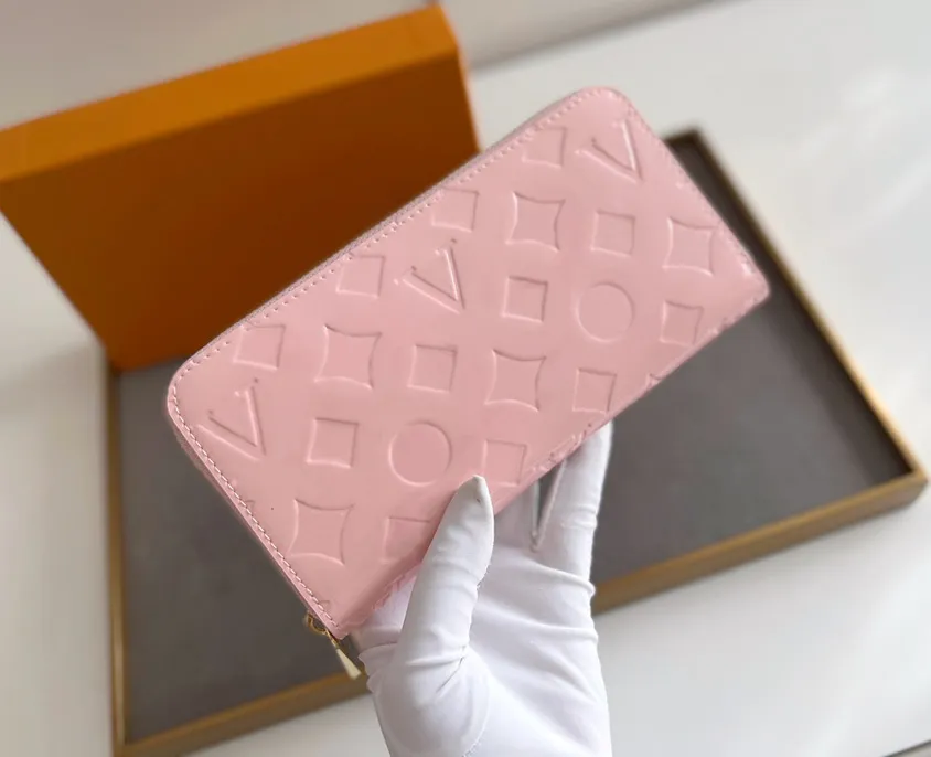 

Patent leather embressed flowers zipper purse long wallet designer zippy wallet coin purse with box