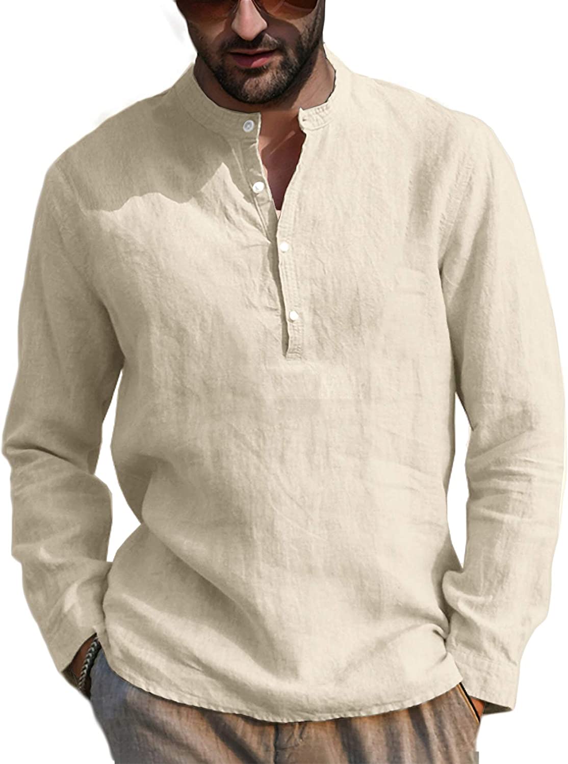 

Classic Mandarin Collar Men' Long-Sleeved Henley Summer Shirt with Chest Pocket, Beige