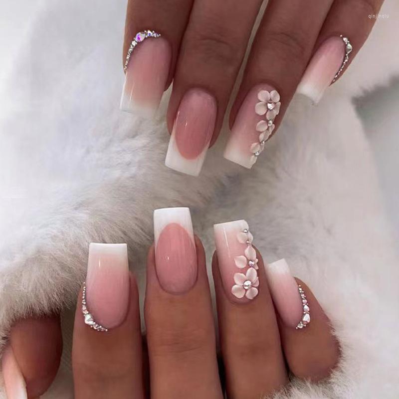 

False Nails 24pcs Romantic Simple French Press On Flower Design Wearing With Diamond Long Square Nail Tips Pink Manicure, W242