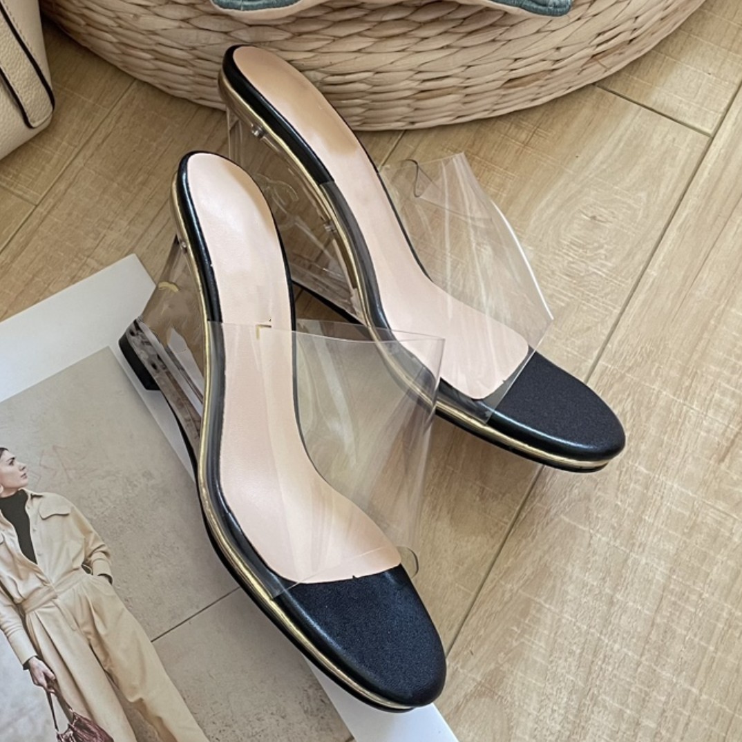 

Classic Vintage Transprarent Clear Slippers CHANNEL Women Paris Silver Gold Metallic Wedge Sandal Heeled Mule Crystal High Heels Pump Platform Party Wedding Slide, Chnl612-4