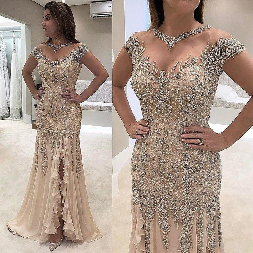 

2023 Luxury Sheer Neck Mermaid Evening Dresses Beadings Sequined High Side Split Prom Gowns Elegant Formal Dresses Evening Wear pArty Gowns, Champagne