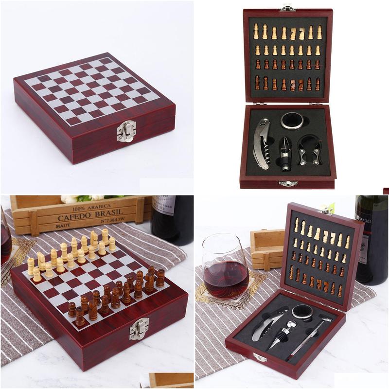 home visit pourer tin foil cutter with chess corkscrew vintage gift box cork game wine opener tool set wooden board accessory t200227