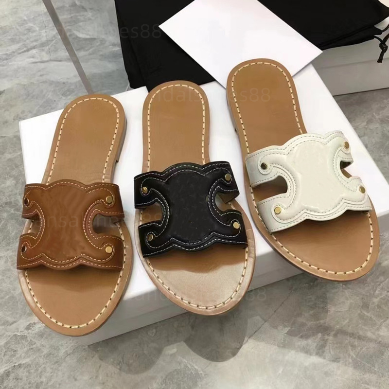 Designer Sandals Women Sandles Slidders Flats Mules Sliders Calfskin Flat Slides Sandal Mule Flip Flops Sandales Black Brown White Leather Slippe-image-984361989