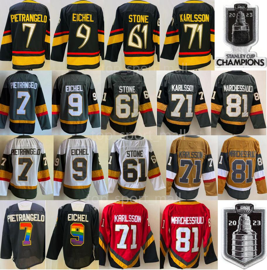 

2023 Stanley Cup Champions 9 Jack Eichel Jerseys Final Men Hockey 7 Alex Pietrangelo 71 William Karlsson 61 Mark Stone Jonathan Marchessault Grey White Reverse Retro, Black with final