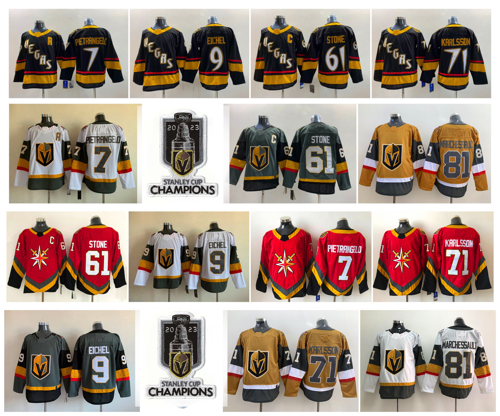 

Golden Knights William Karlsson VGK Hockey Jersey Vegas Jack Eichel Mark Stone 2023 Stanley Cup Champions Patch Jonathan Marchessault Alex Pietrangelo Size S-3XL, White