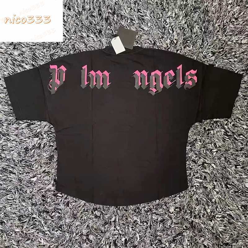 

23ss New t shirt double sanskrit letters black white pink print pattern cotton loose and versatile street mens women short sleeve, #02