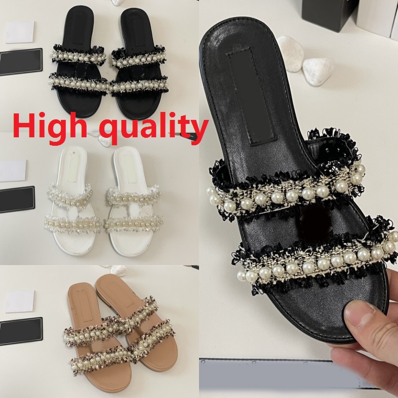 

Quality High Sandal Lady Slipper Luxury Designer summer slippers fashion ladies Beach Casual shoe fashion woman Comfortable Double belt pearl flat bottom slippers