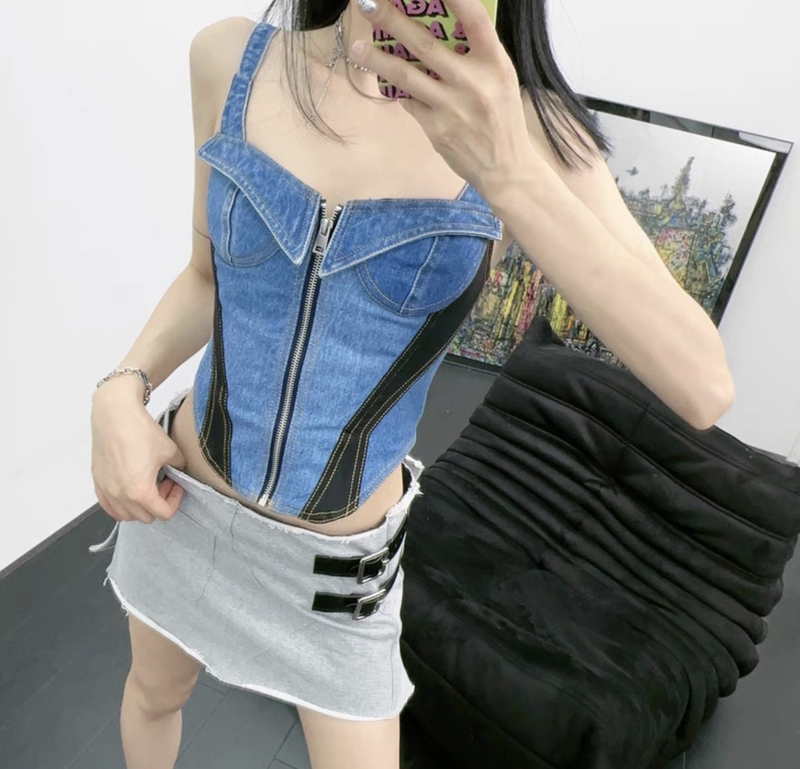 

23ss Tank Tops Women Denim Sling Tops Casual Europe Lady Zipper Patchwork Vest Premium, 62702 pink