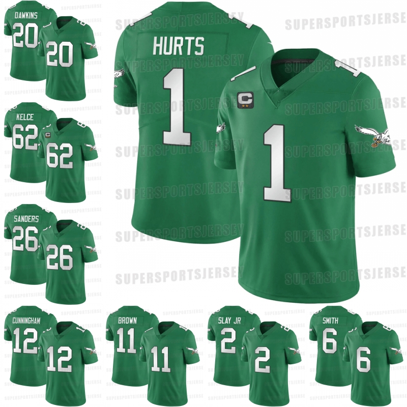 

"Philadelphias" Eagles Kelly Green Football Jerseys 1 Jalen Hurts 62 Jason Kelce 6 DeVonta Smith 20 Brian Dawkins 11 A.J. Brown Graham Haason Reddick 91 Fletcher Cox, White