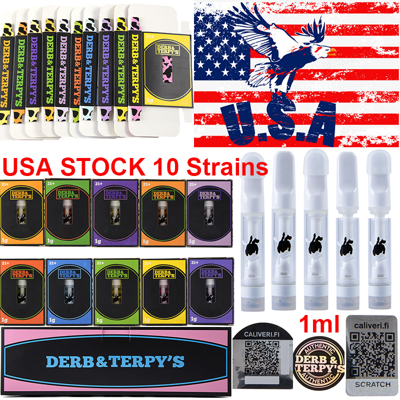 

USA STOCK Full Ceramic Derb and Terpys Atomizers 10 Strains Vape Cartridges Packaging Empty 1ml Thick Oil Carts Wax Vaporizers With Pink Box scannable Stickers