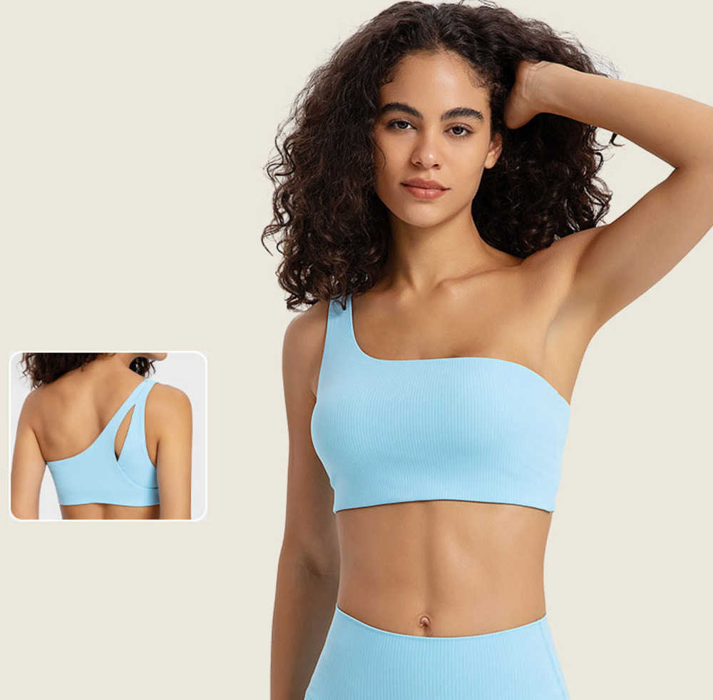 

L369 SPR Striped Ribbed Asymmetrical Yoga Tops One-Strap Bra Removable Cups Sports Bras Fashion Underwear Women Tank Top, Aquamarine