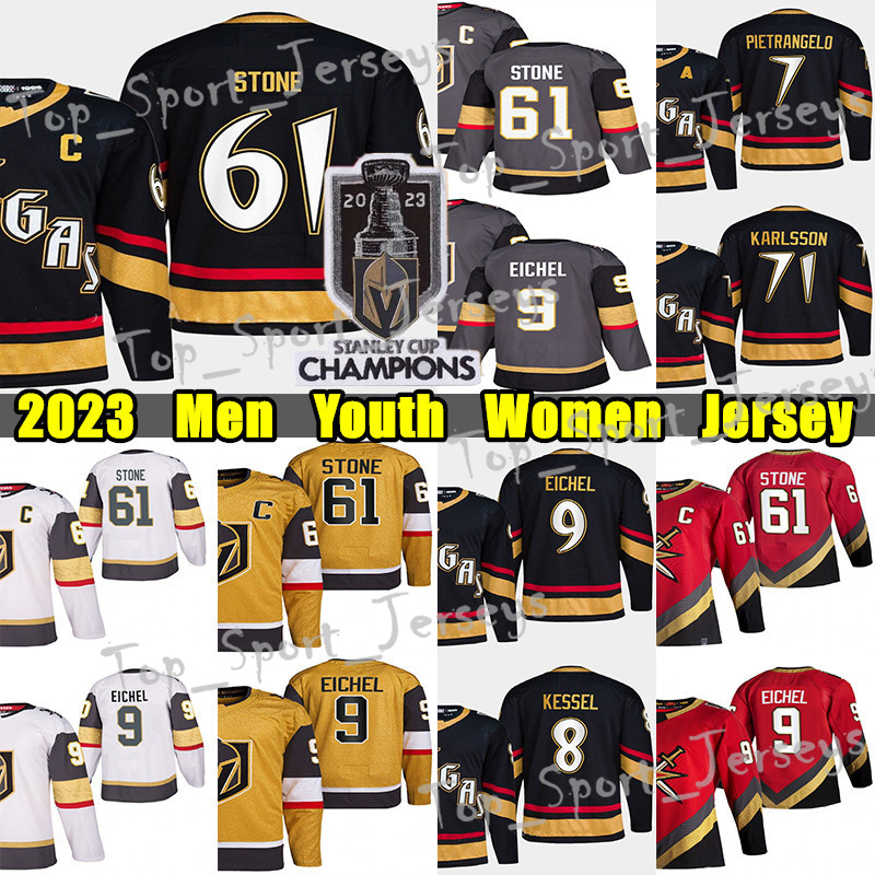 

2023 Stanley Cup Champions 61# Mark Stone Reverse Retro hockey jersey 81# Jonathan Marchessault 9# Jack Eichel Phil Kessel Alex Pietrangelo Karlsson Adin Hill jerseys, Black women+2023 stanley champions patch