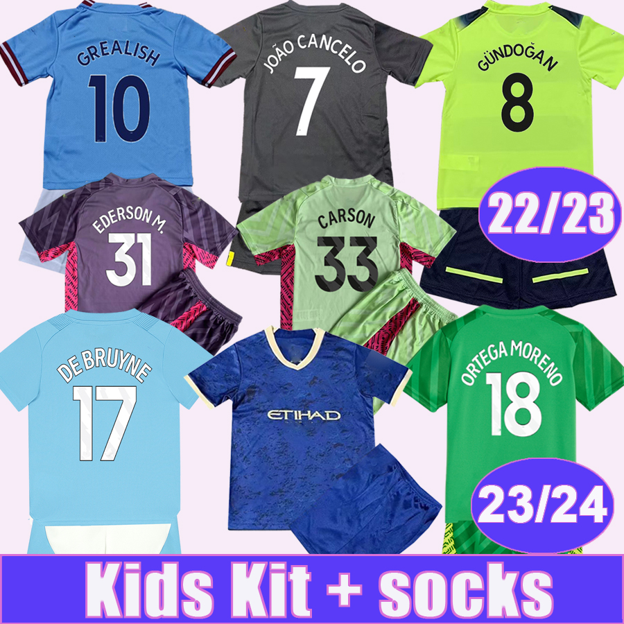 

23  DE BRUYNE GREALISH Kids Kit Soccer Jerseys 22 23 BERNARDO GUNDOGAN JOAO CANCELO MAHREZ FODEN STONES Home Away 3rd Goalkeeper Special Edition Football Shirts, Tz9820 22 23 away no socks