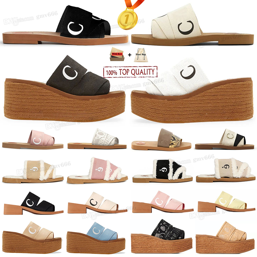 

Designer Woody Slippers Sandals Slides Sliders Women Mules Flat Slide Tan Beige White Black Pink Lace Lettering Fabric Canvas Woman Slipper CHIOE CLOE Scuffs