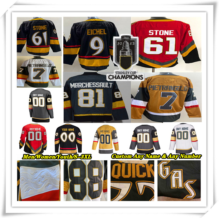 

Vegas 2023 Stanley Cup Champions Hockey Jersey Mark Stone Jack Eichel Jonathan Marchessault Ivan Barbashev Keegan Kolesar Chandler Stephenson Howden Quick Roy Kid, 2023 men black with 2023 champions patch