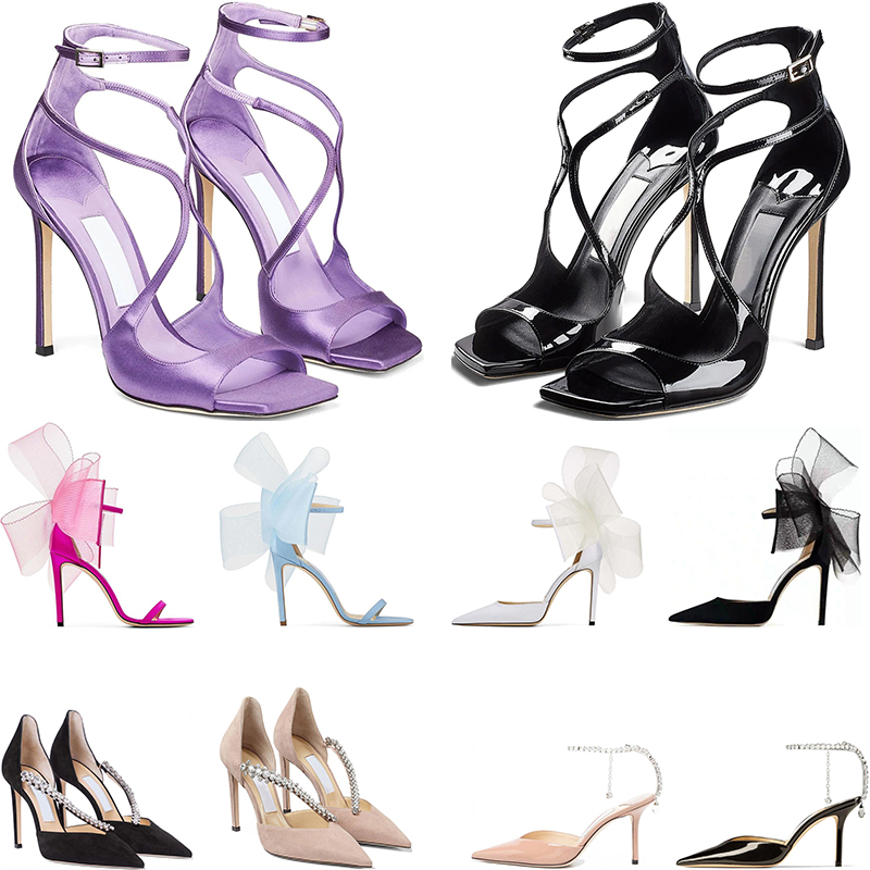 

With BOX Luxury Shoe High Heels Sandals women heel Averly Jimmy Shoe Pumps Aveline Sandal with Asymmetric Grosgrain Mesh Fascinator Bows Dress Shoes Black Fuchsia, 19