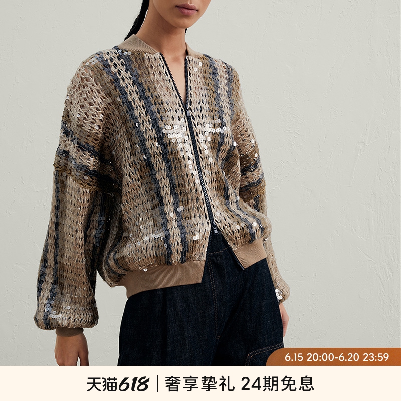 

Womens Jackets Brunello Cucinelli Spring Linen Stripe Embroidered Zipper Long Sleeve Pilot Jacket Coats, Brown