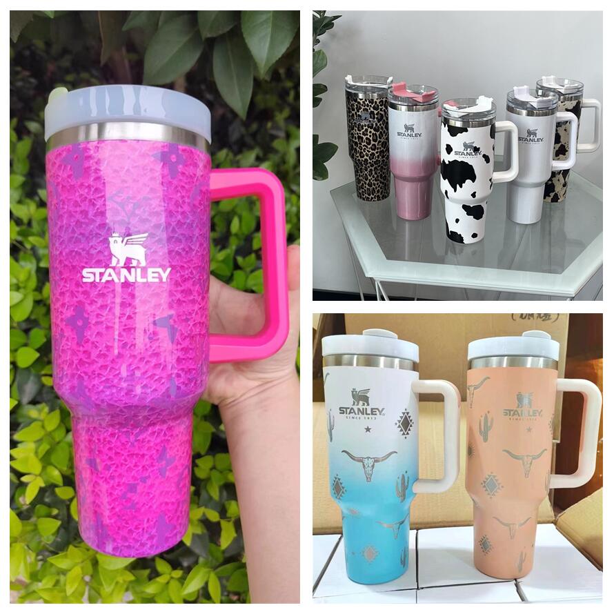 

40OZ Designer Cups With LOGO Adventure Leopard Cow Old Flower Design Tumblers Handle Lids And Straws Car Mugs vacuum Insulated Drinking Water Bottles