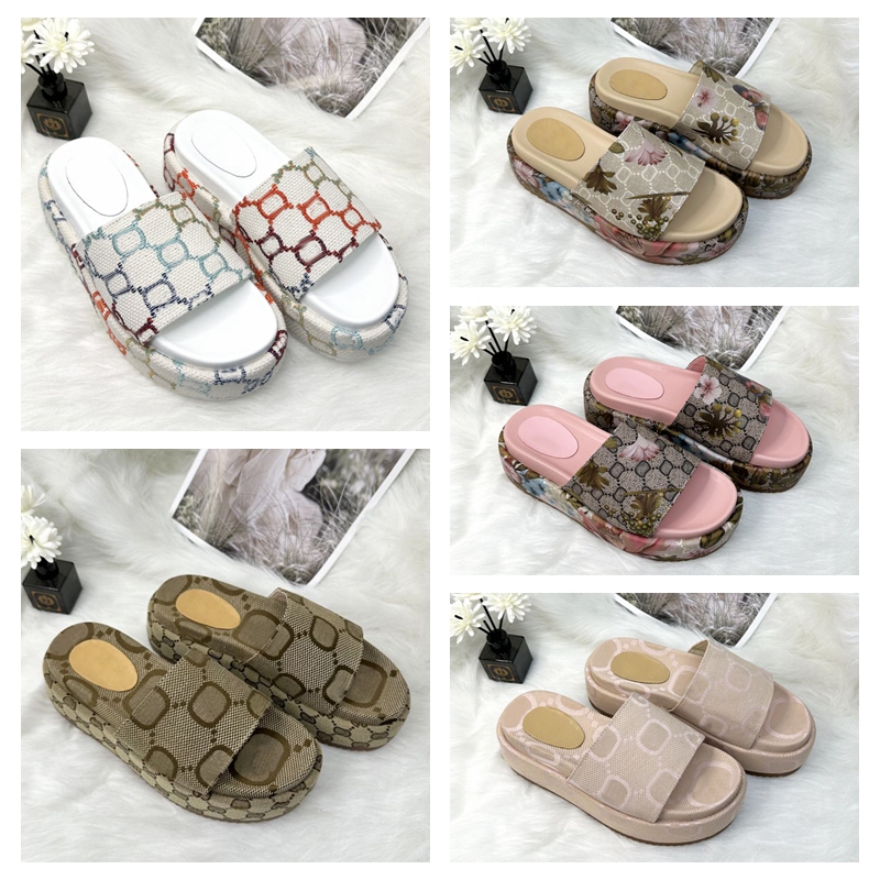 

2023 new slipper womens mens fashion embroidered canvas designer slides slip on slippers girls 60mm Canvas covered platform sandals and dust bags size 35-45, Colour-28