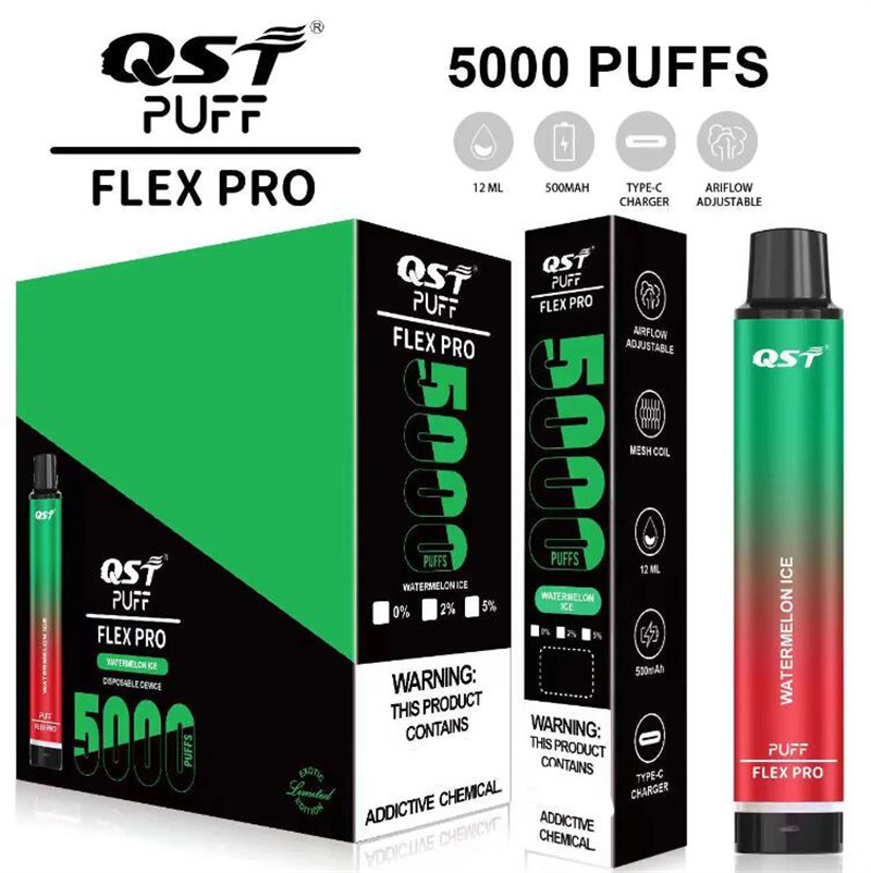 

QST Puff Flex Pro 5000 Puffs Rechargeable Disposable Vape Pen Cigarette Vape Device 15 Flavors 550mah Battery 12ml Cartridge Starter Kit, Multi colors