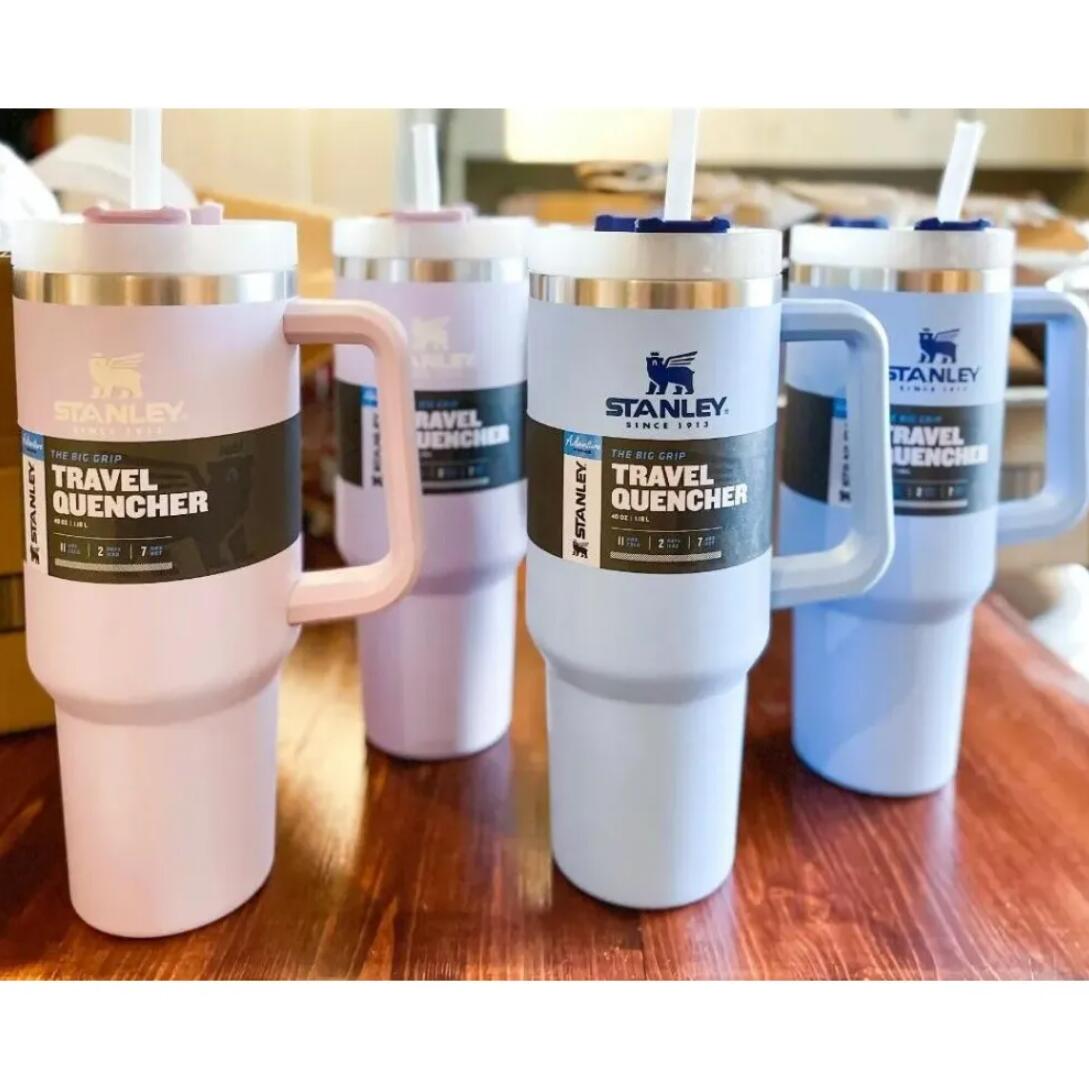 With logo Pink Stanley 40oz Mugs Tumblers With Handle Insulated Tumbler Lids Straw Stainless Steel Coffee Termos Cup ready to ship Frosted Lids G-image-723724846