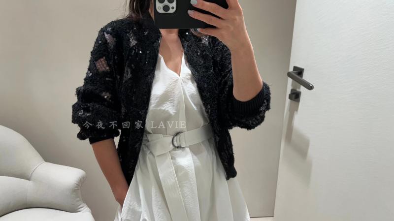 

Women Jackets Brunello Cucinelli Spring and Summer Black Sequined Zipper Stand-up Collar Linen Silk Coat