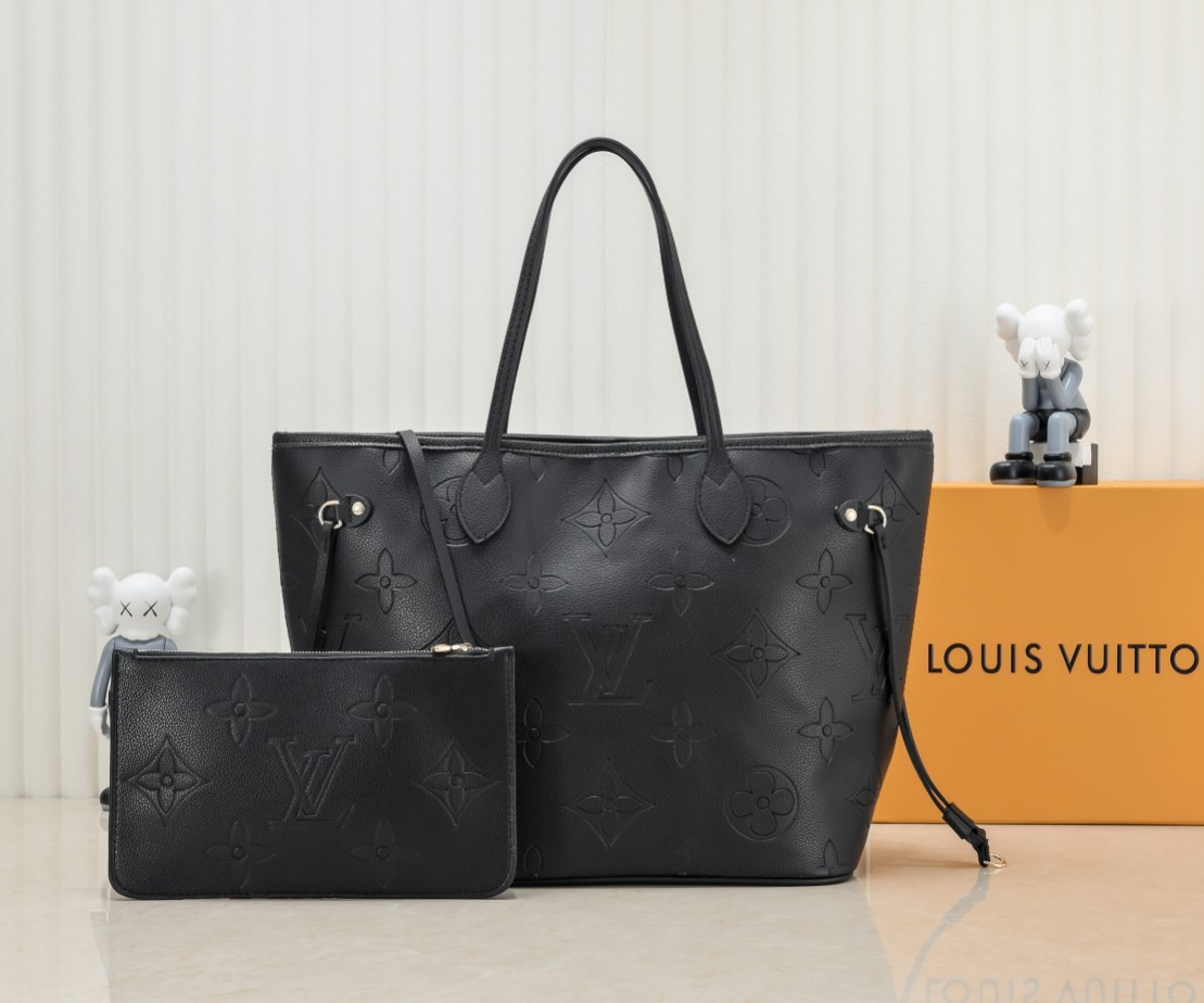 

Neverfull tote shopping bag genuine leather black women handbags purse