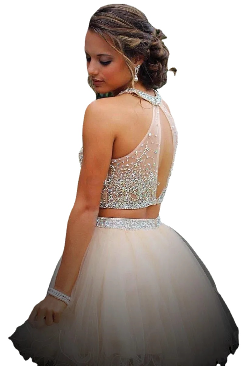 

Two Pieces Sexy Halter Homecoming Dresses Girls Graduation Gowns Sparkly Crystals Heavy Beading Short Prom Dress Tulle Night Club Cocktail Party Wear AL9337, Brown