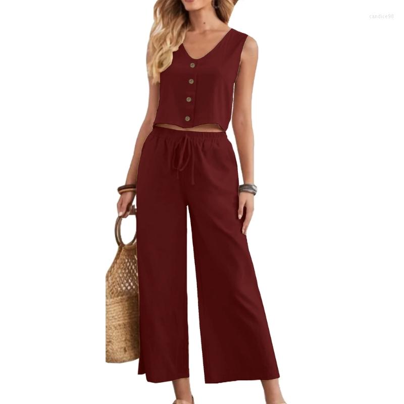 

Women's Tracksuits Casual Sleeveless V-neck Top And Wide Leg Drawstring Trousers Drop, Fog blue